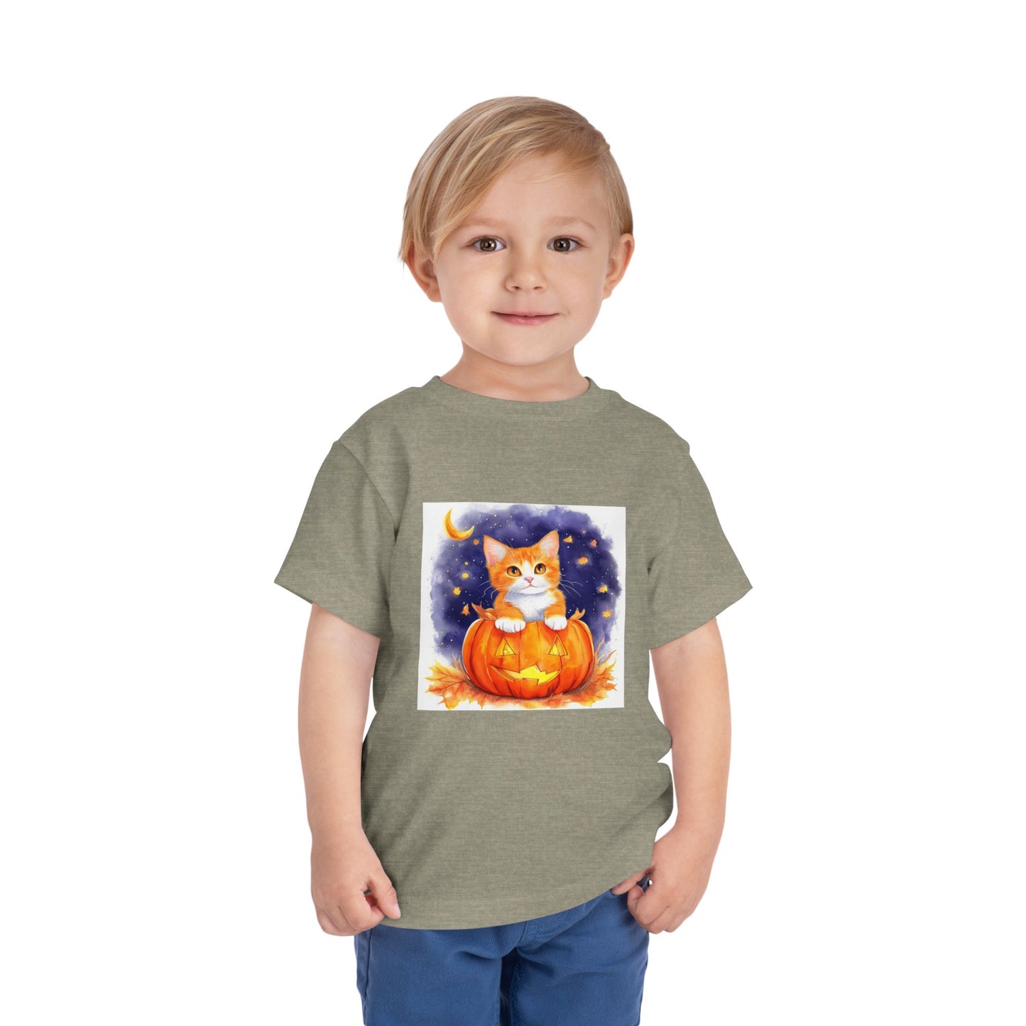 Fuzzy Halloween Pumpkin Cat Toddler Short Sleeve Tee