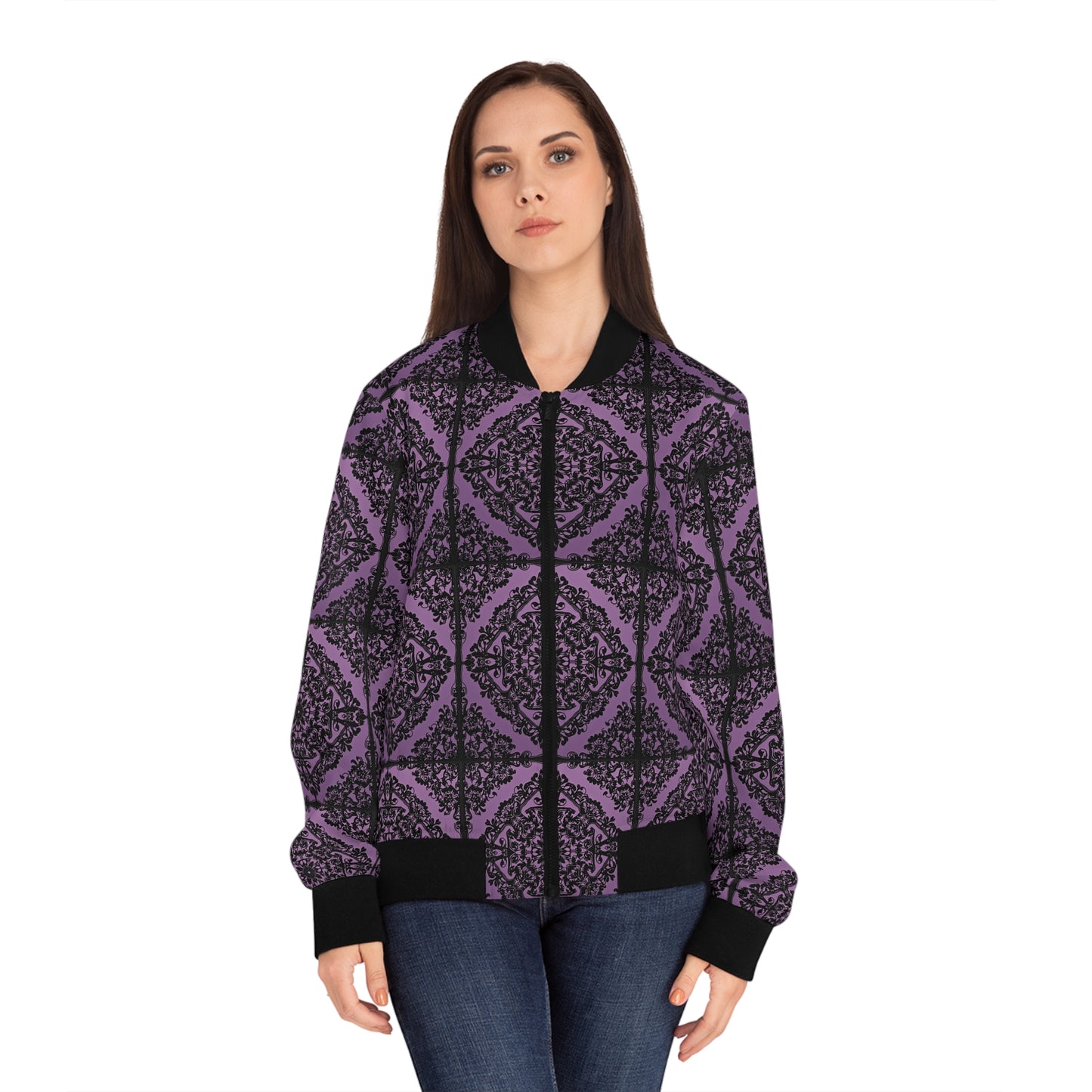 Intricate Black and Purple Pattern Women's Bomber Jacket (AOP)