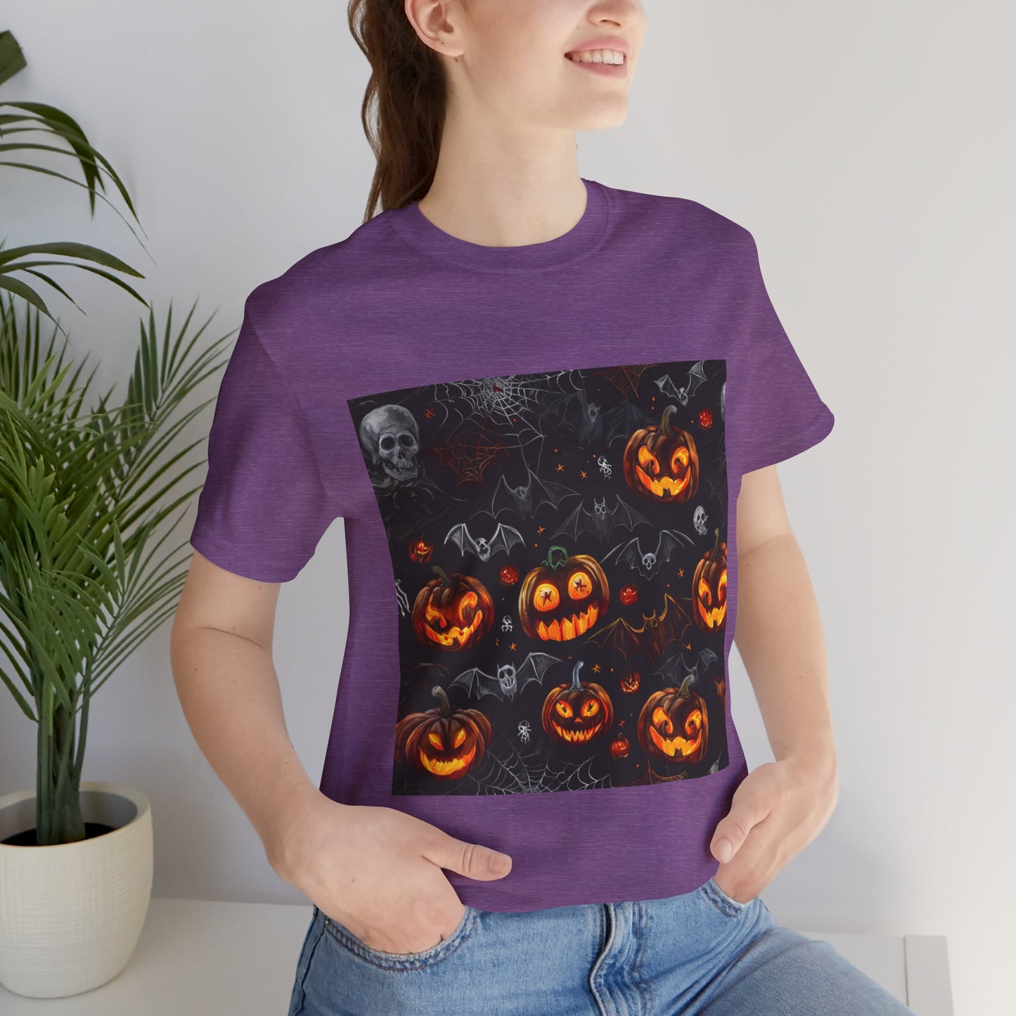 Spooky Pumpkin and Bats Pattern Unisex Jersey Short Sleeve Tee