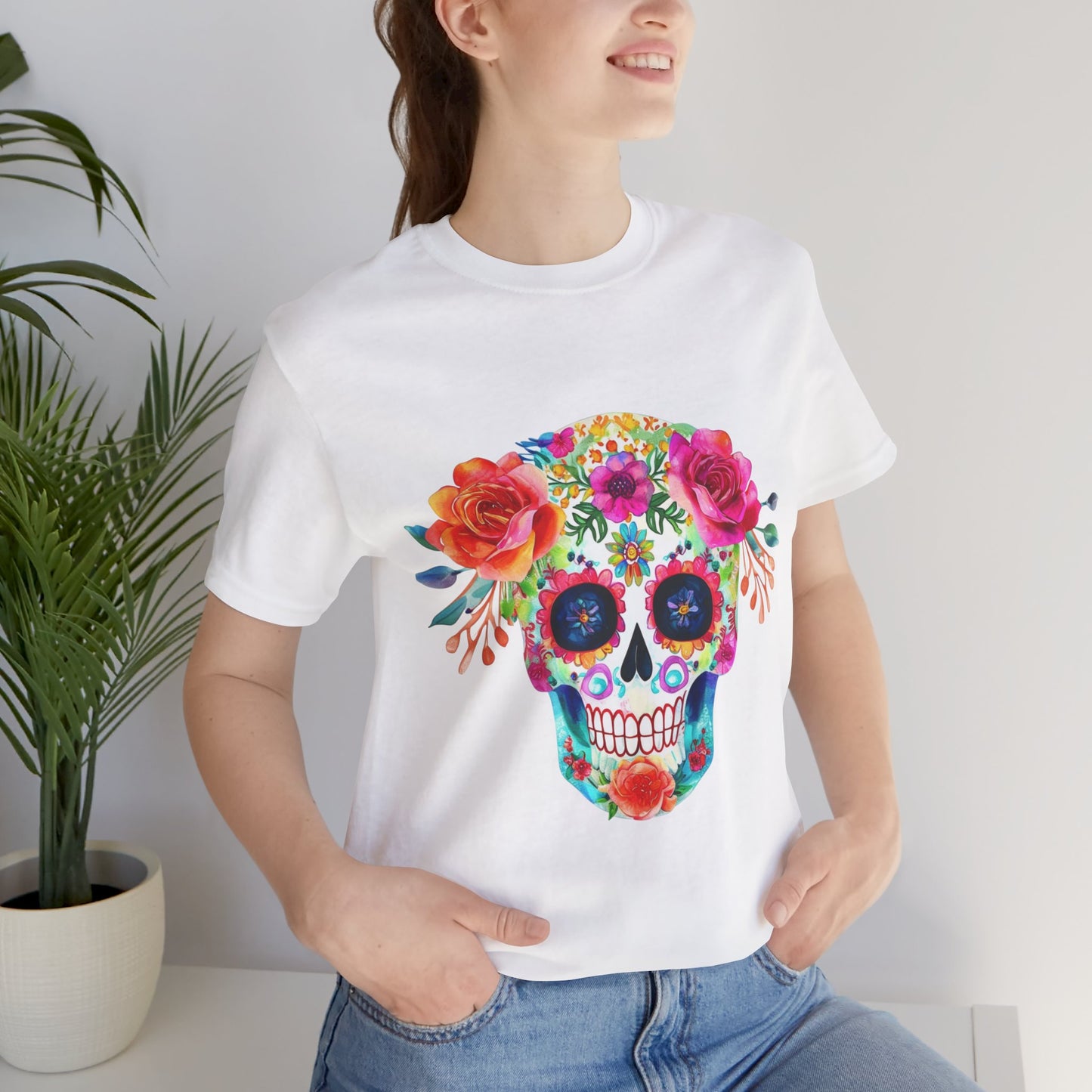 Day of the Dead Floral Sugar Skull Unisex Jersey Short Sleeve Tee