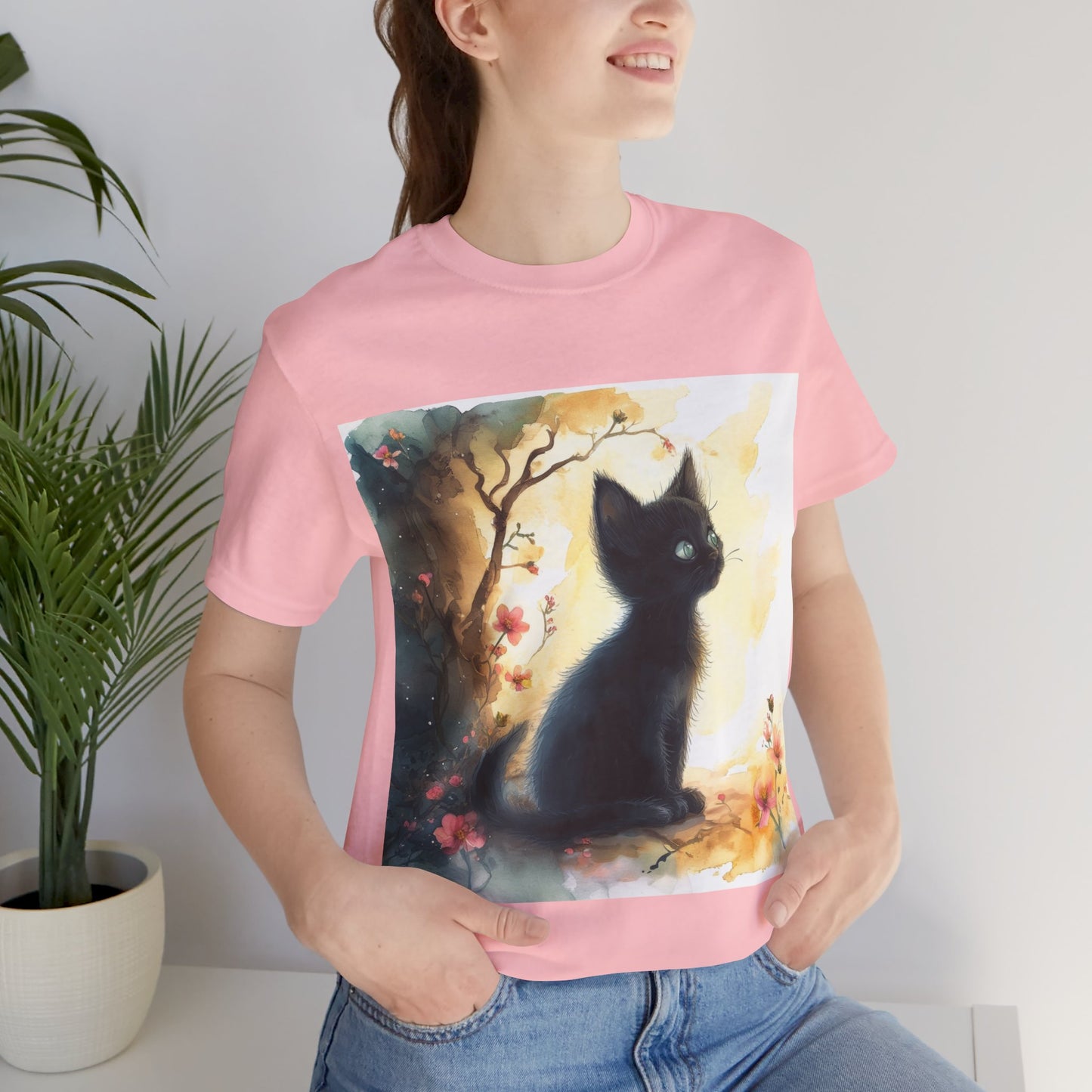 Floral Black Kitten Unisex Jersey Short Sleeve Tee