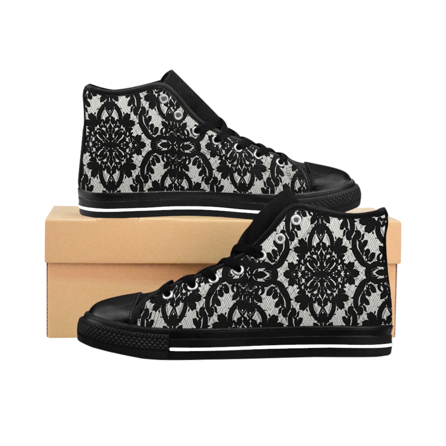 Elegant Gray and Black Lace Pattern Women's Classic Sneakers