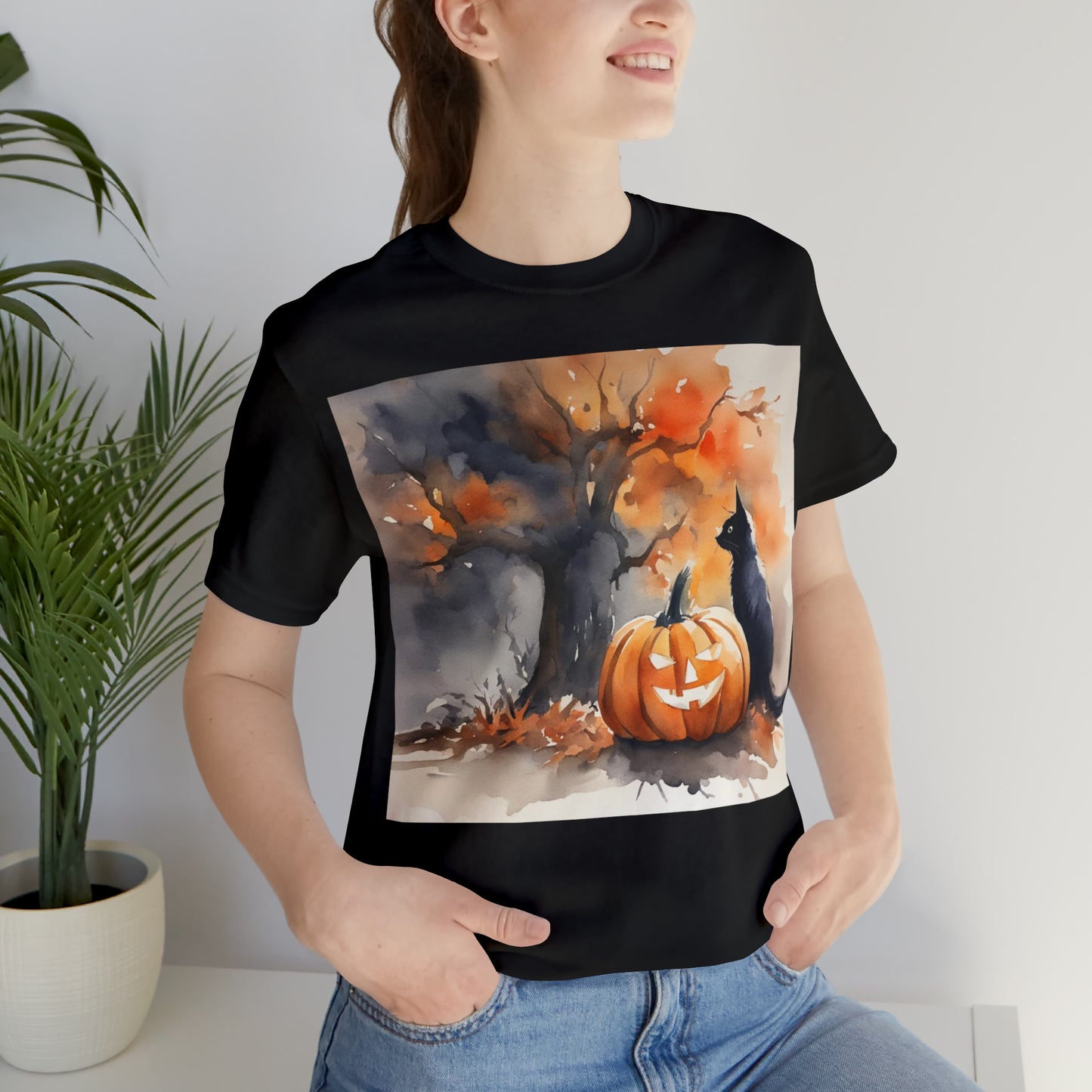 Jacko-lantern Black Cat Halloween Unisex Jersey Short Sleeve Tee