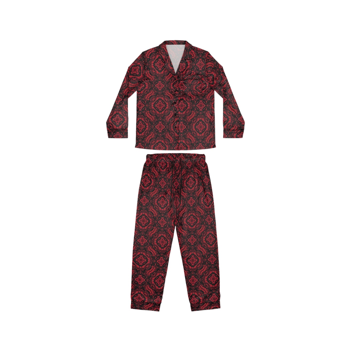 Intricate Red and Black Lace Pattern Women's Satin Pajamas (AOP)