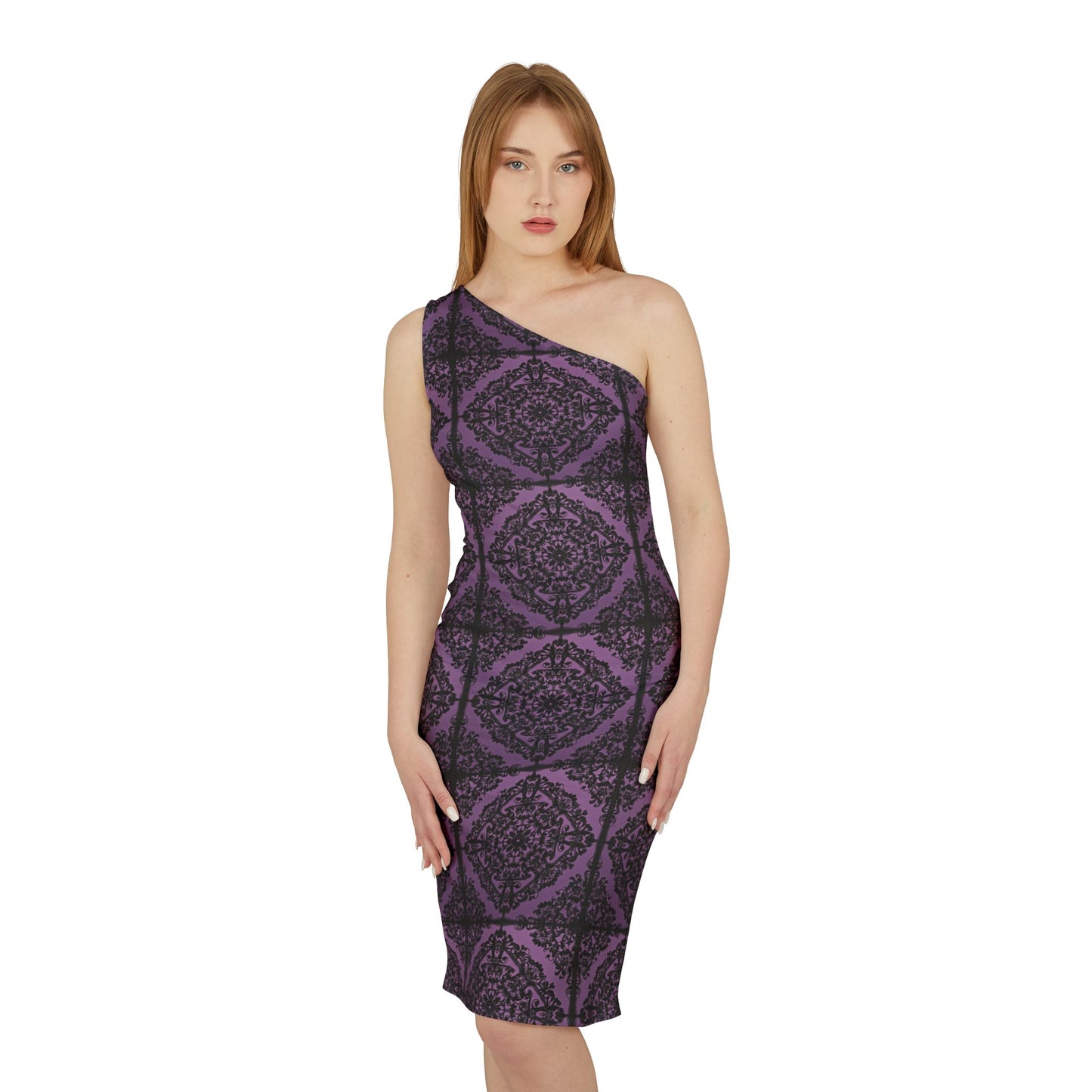 Intricate Black and Purple Pattern Shoulder Dress (AOP)