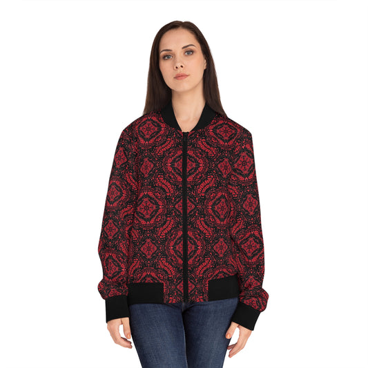 Intricate Red and Black Lace Pattern Women's Bomber Jacket (AOP)