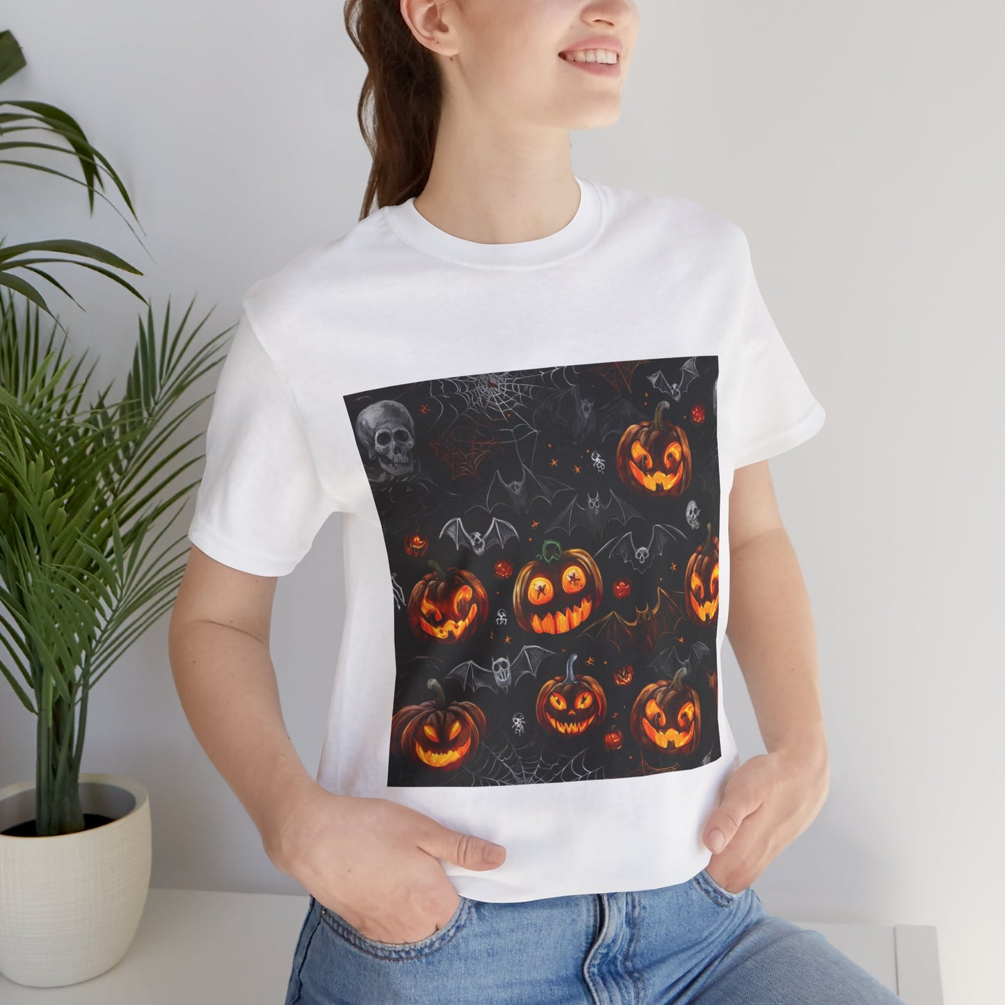 Spooky Pumpkin and Bats Pattern Unisex Jersey Short Sleeve Tee