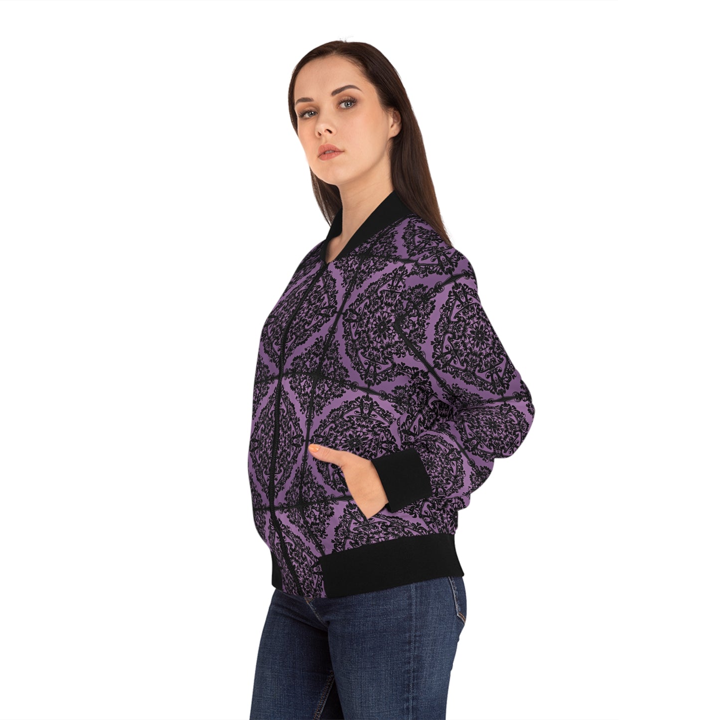 Intricate Black and Purple Pattern Women's Bomber Jacket (AOP)