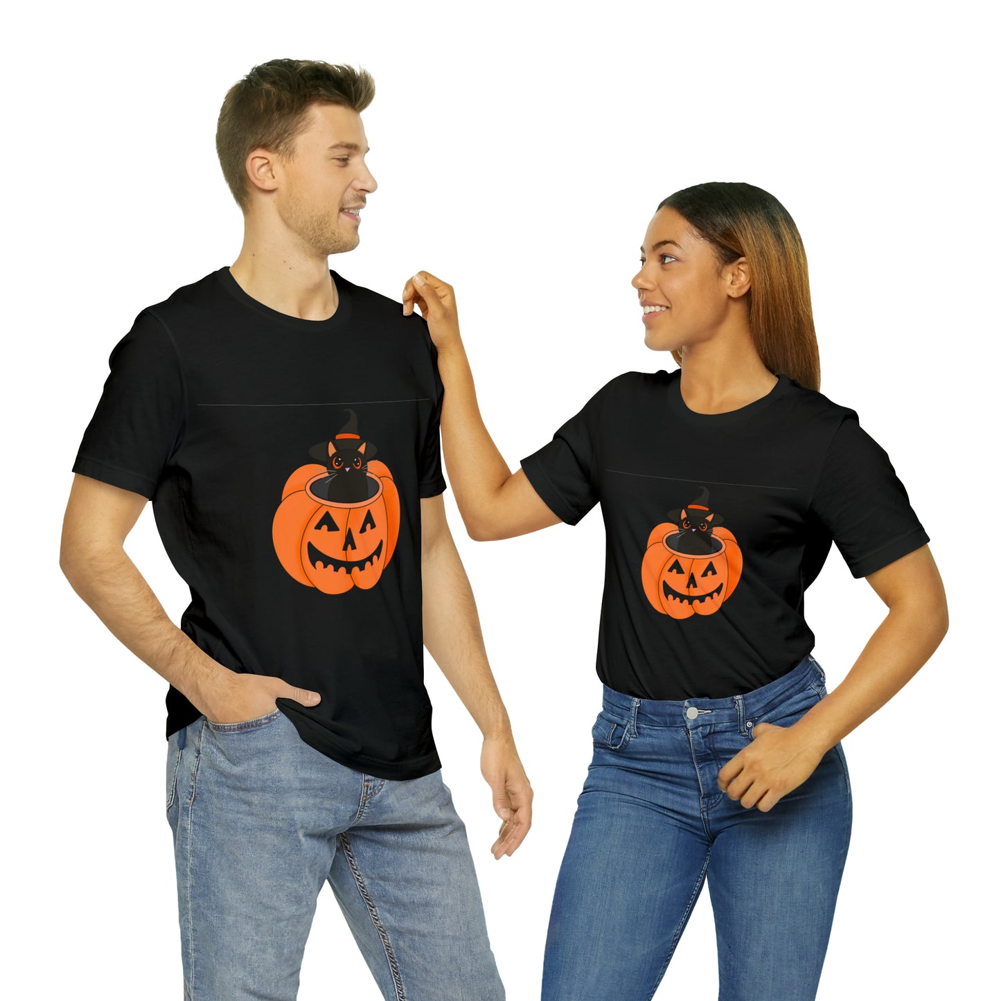 Black Cat in a Jacko lantern Unisex Jersey Short Sleeve Tee