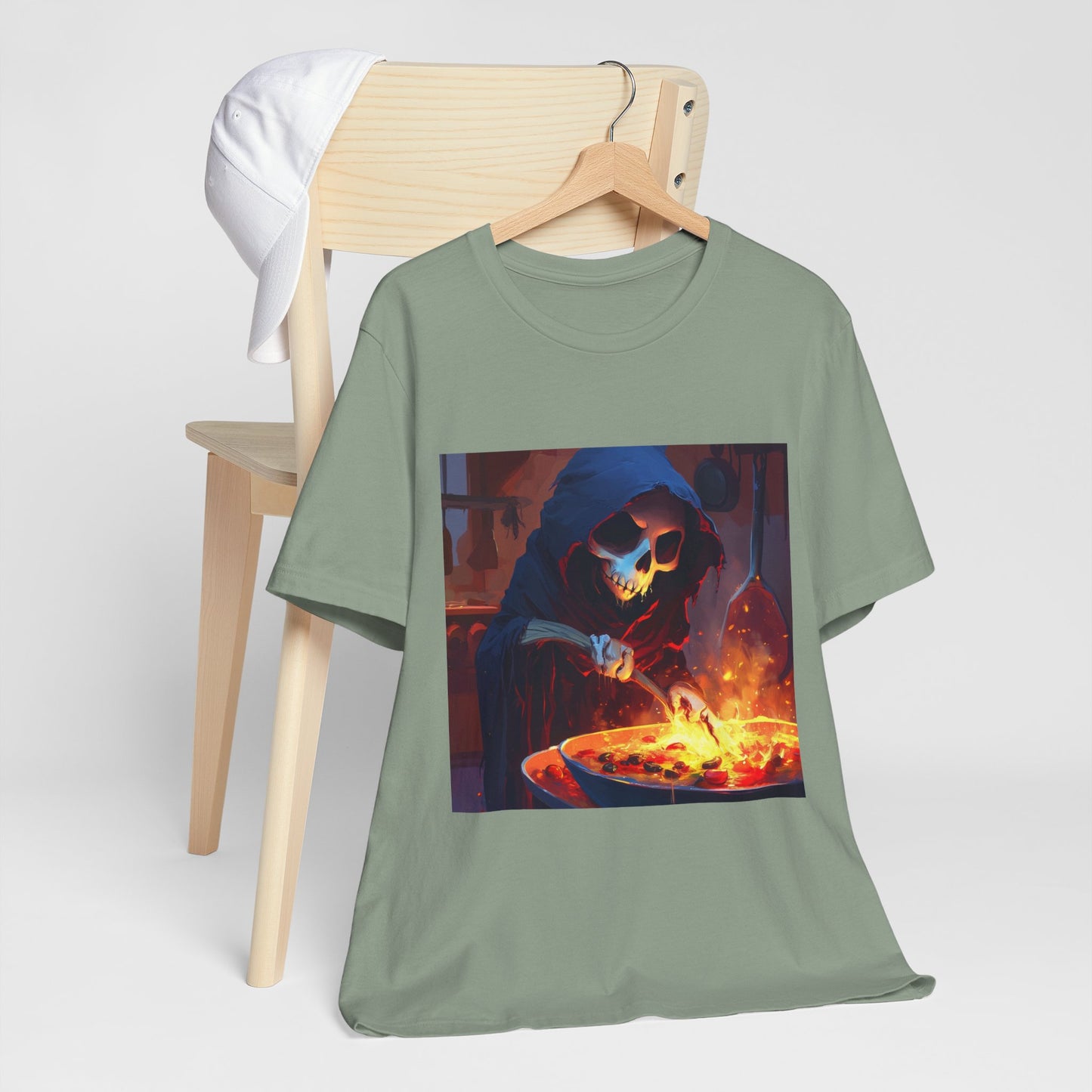 Fiery Grim Reaper Cooking Unisex Jersey Short Sleeve Tee