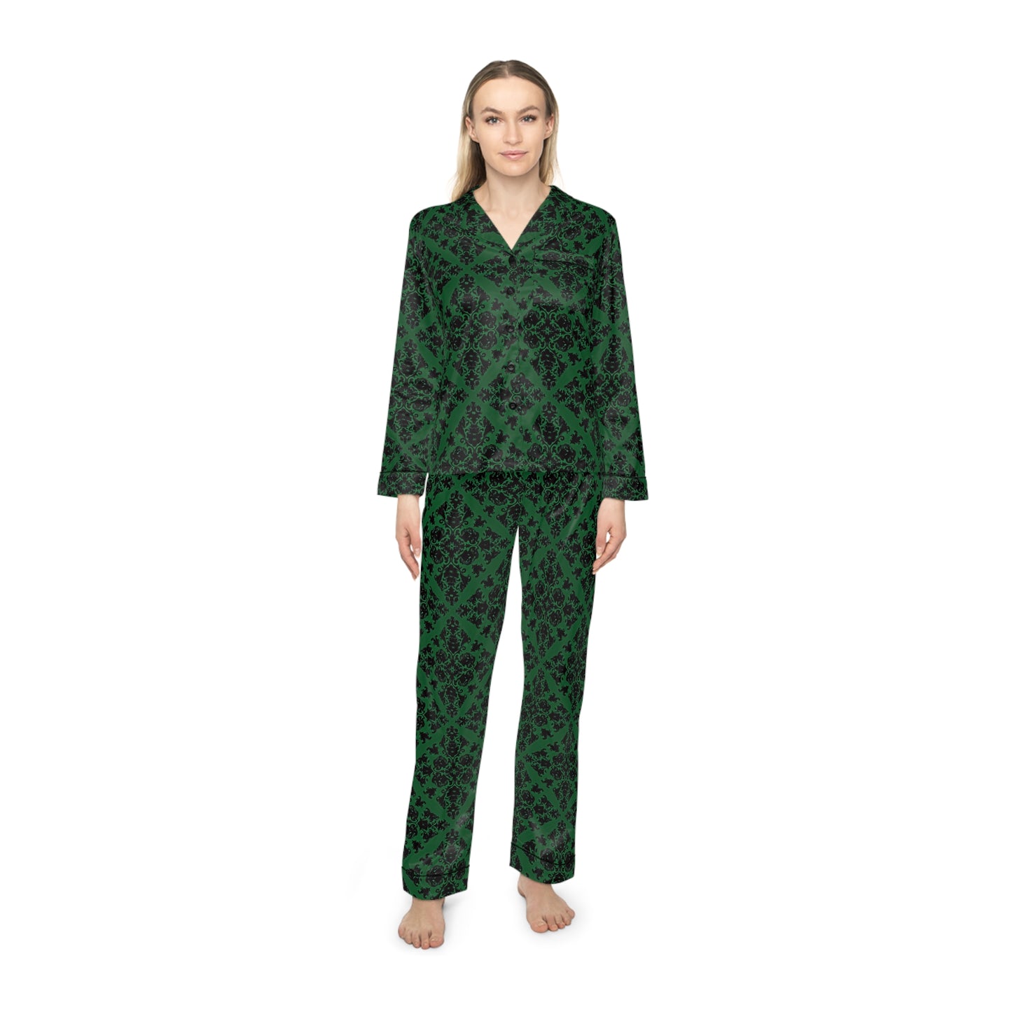 Green Victorian Gothic Pattern Women's Satin Pajamas (AOP)