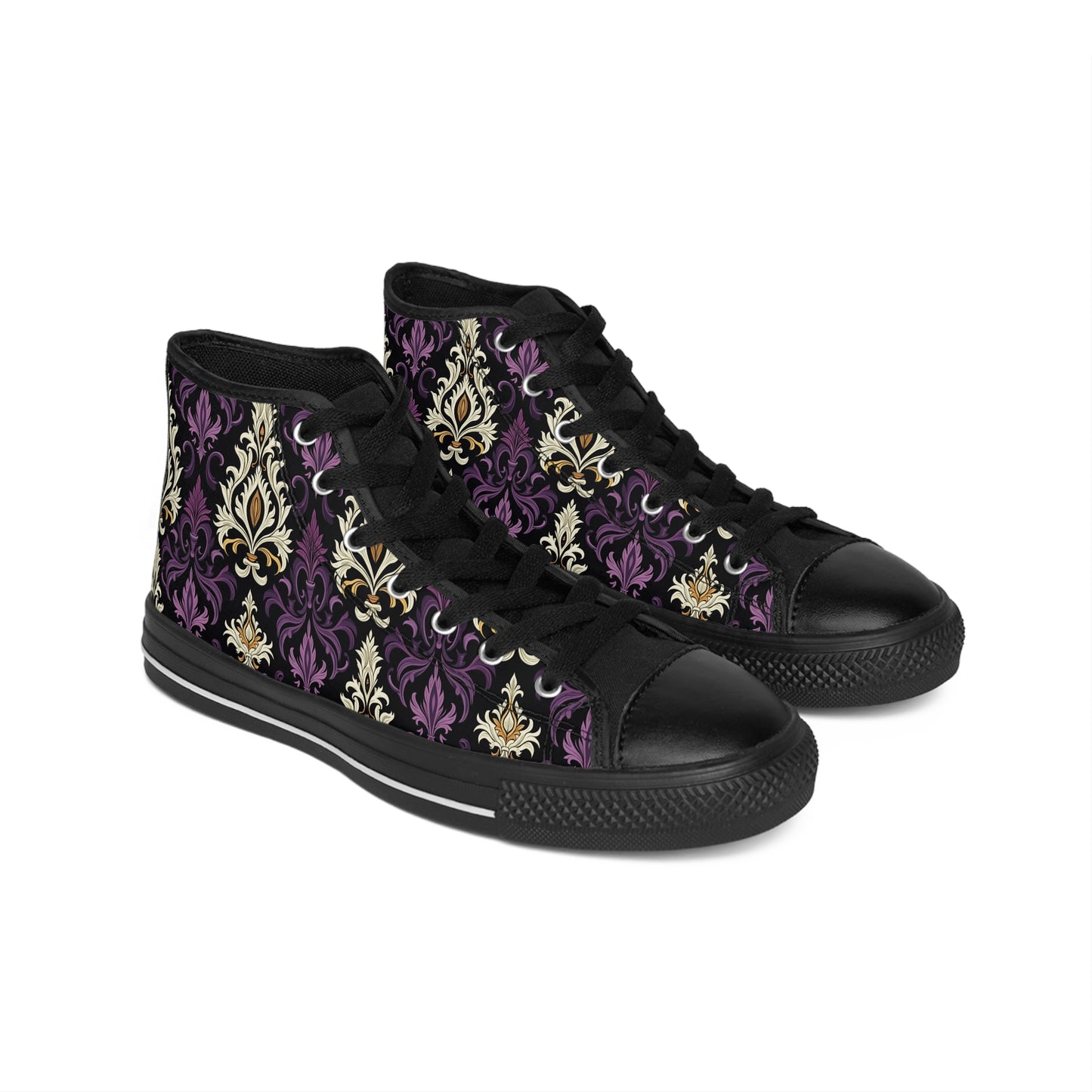 Purple, Yellow, Black and White Victorian Gothic Damask Women's Classic Sneakers