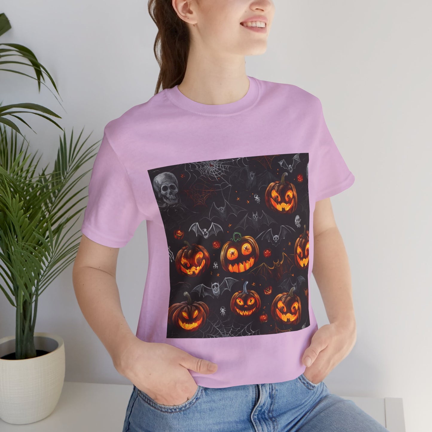 Spooky Pumpkin and Bats Pattern Unisex Jersey Short Sleeve Tee