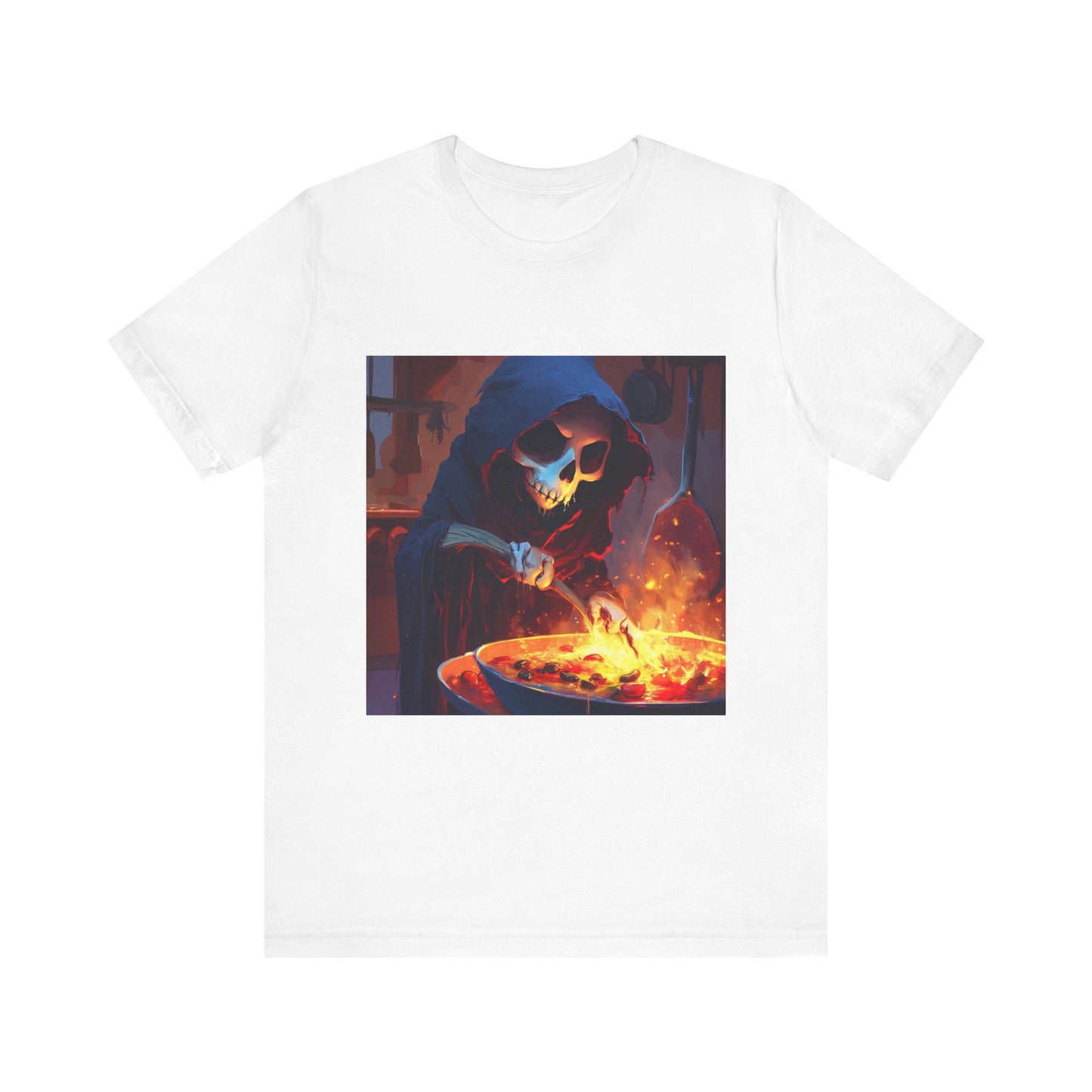 Fiery Grim Reaper Cooking Unisex Jersey Short Sleeve Tee