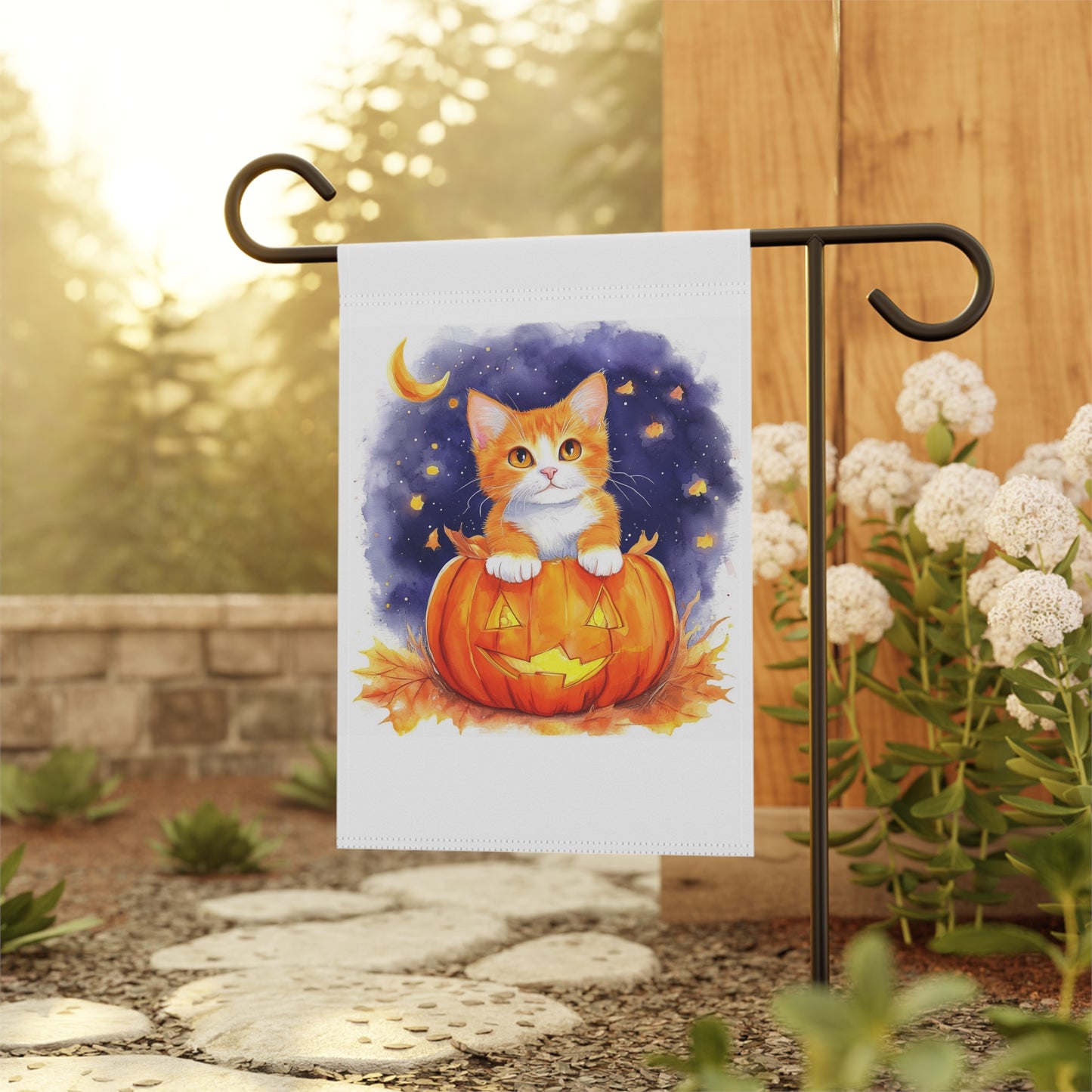 Fuzzy Halloween Pumpkin Cat Garden & House Banner