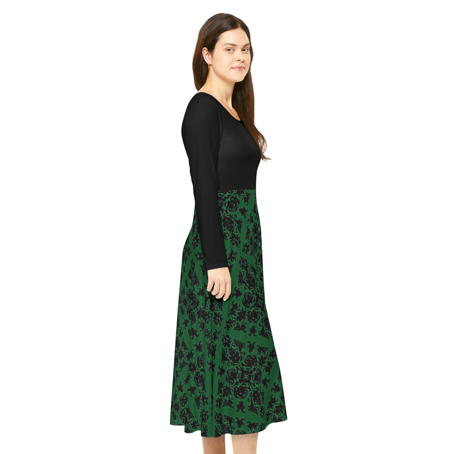 Green Victorian Gothic Pattern Women's Long Sleeve Dance Dress (AOP)