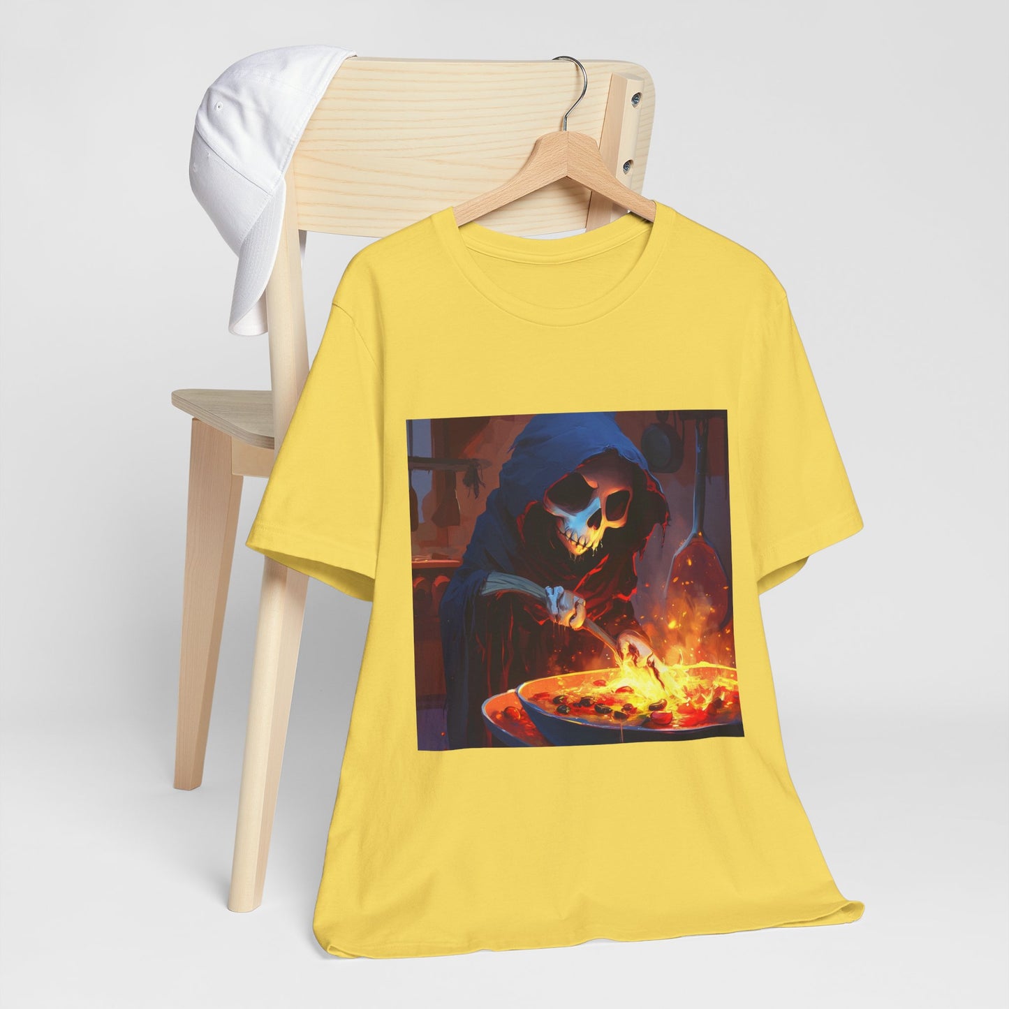 Fiery Grim Reaper Cooking Unisex Jersey Short Sleeve Tee