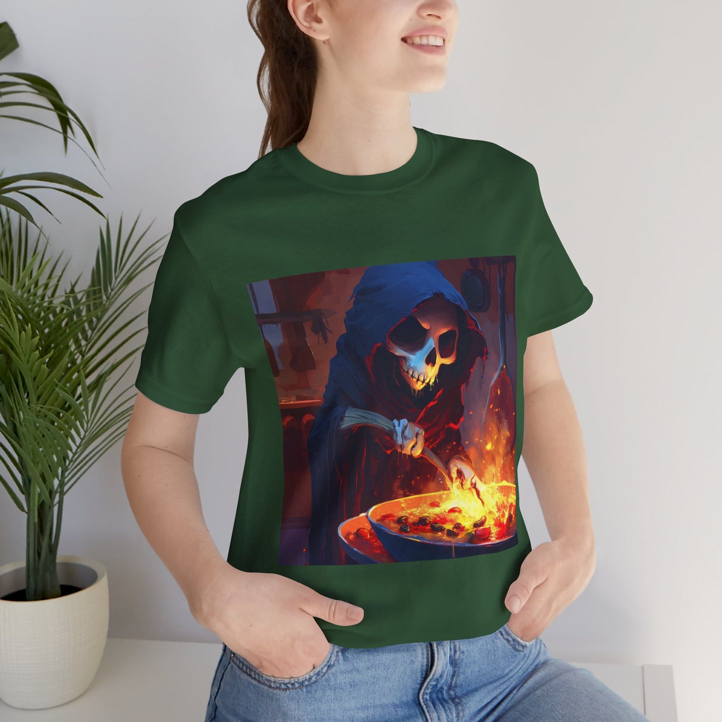 Fiery Grim Reaper Cooking Unisex Jersey Short Sleeve Tee