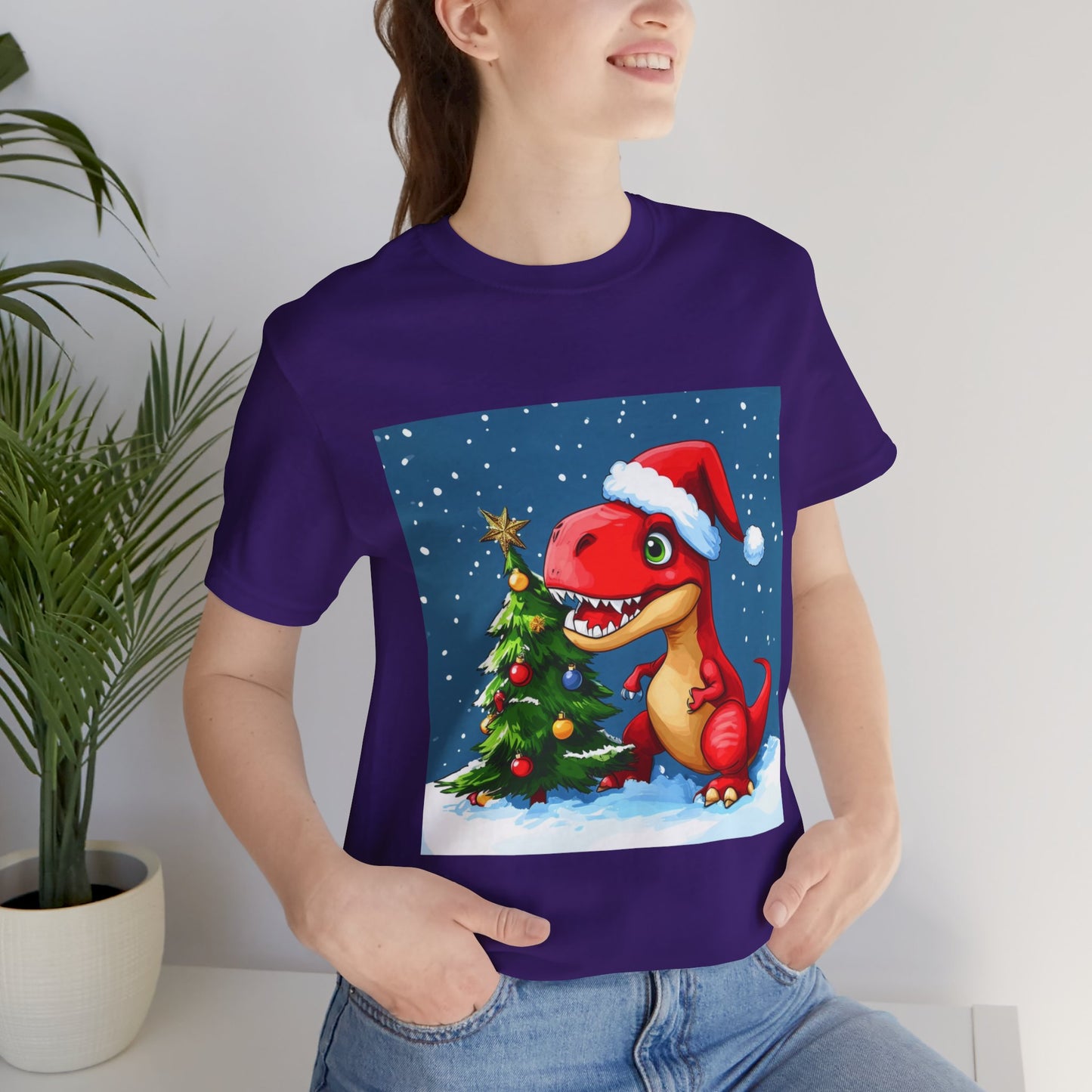 Red T-Rex Christmas Unisex Jersey Short Sleeve Tee