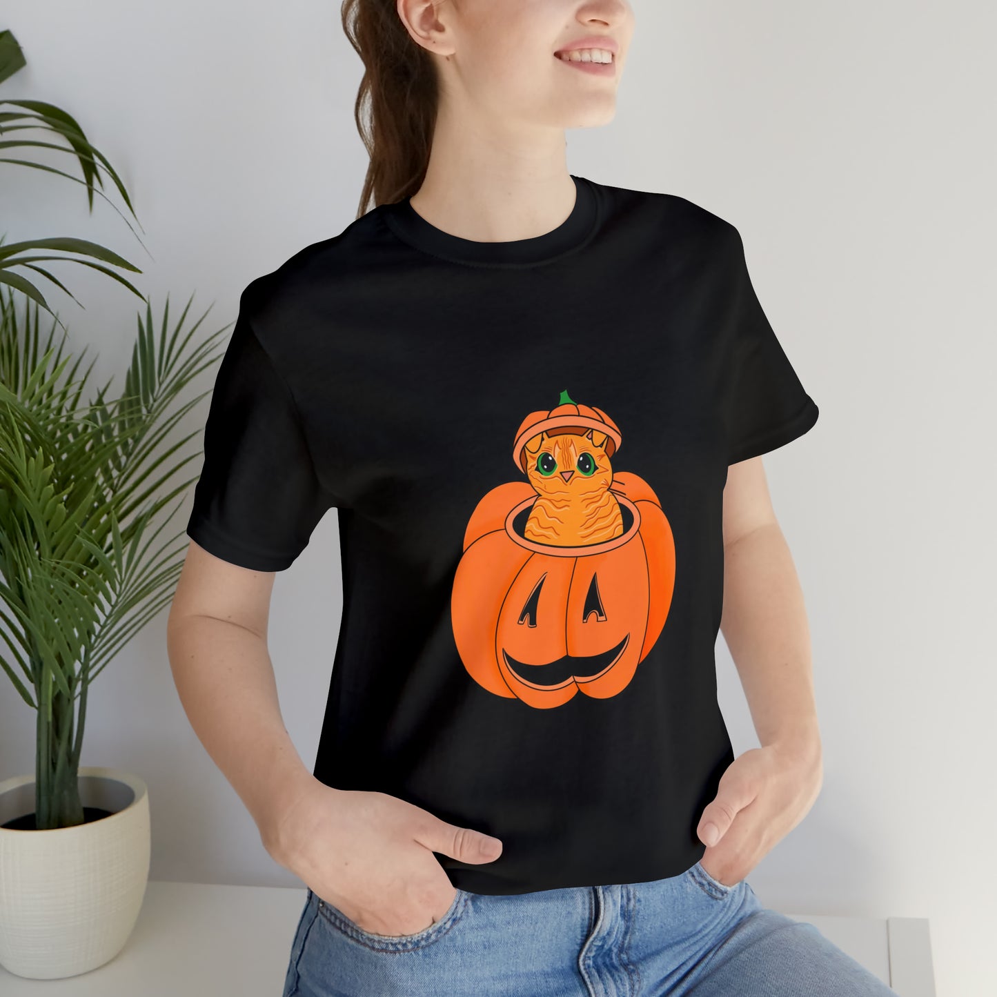 Orange Cat in a Jacko lantern Unisex Jersey Short Sleeve Tee