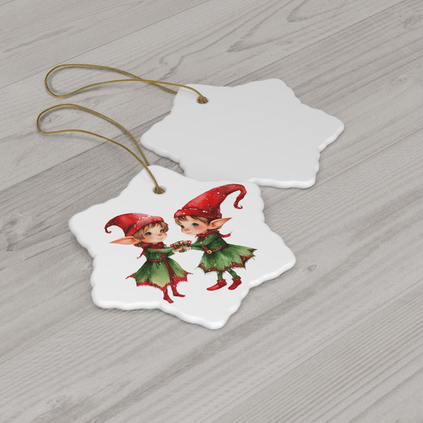 Cute Holiday Elves Ceramic Ornament, 2 Shapes