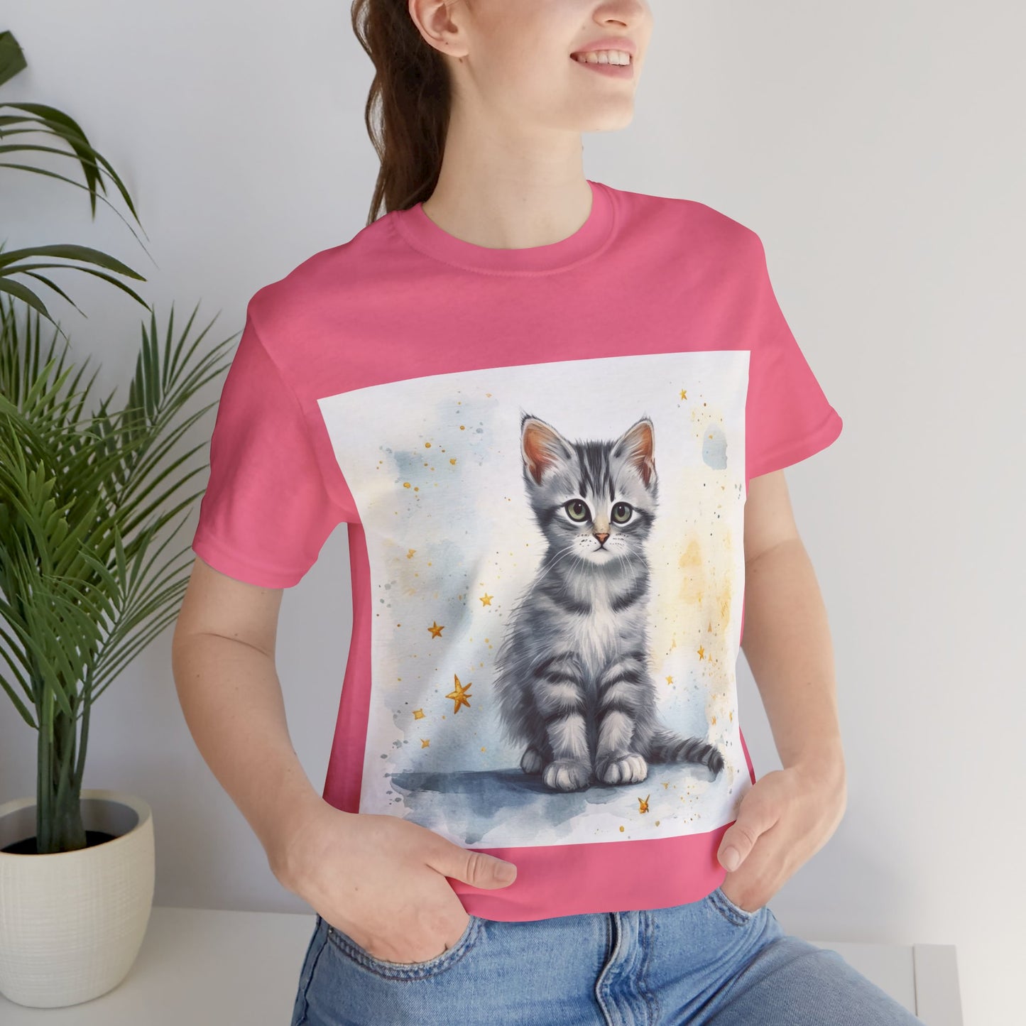 Watercolor Gray Striped Kitten Unisex Jersey Short Sleeve Tee