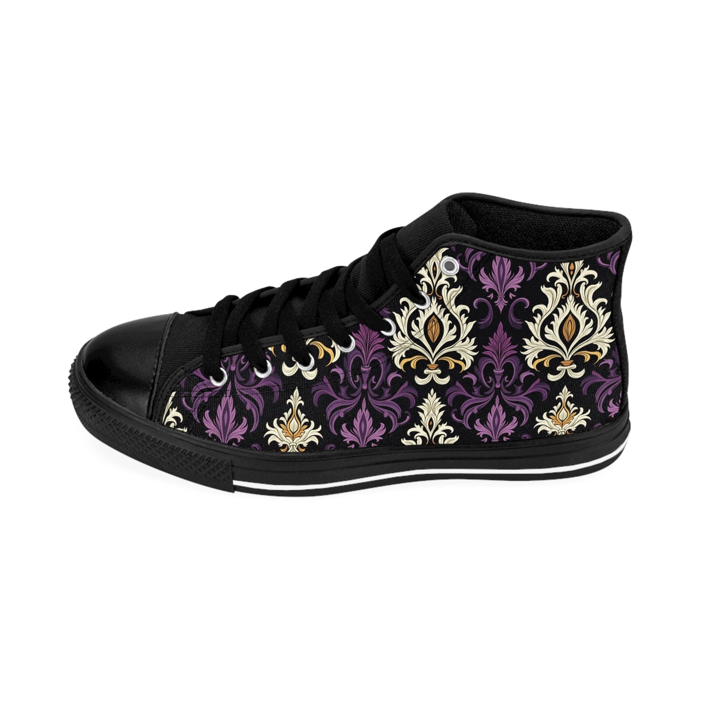 Purple, Yellow, Black and White Victorian Gothic Damask Women's Classic Sneakers