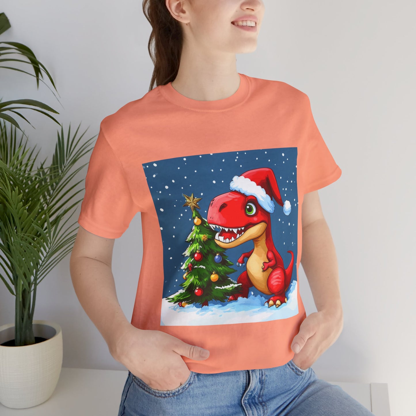 Red T-Rex Christmas Unisex Jersey Short Sleeve Tee