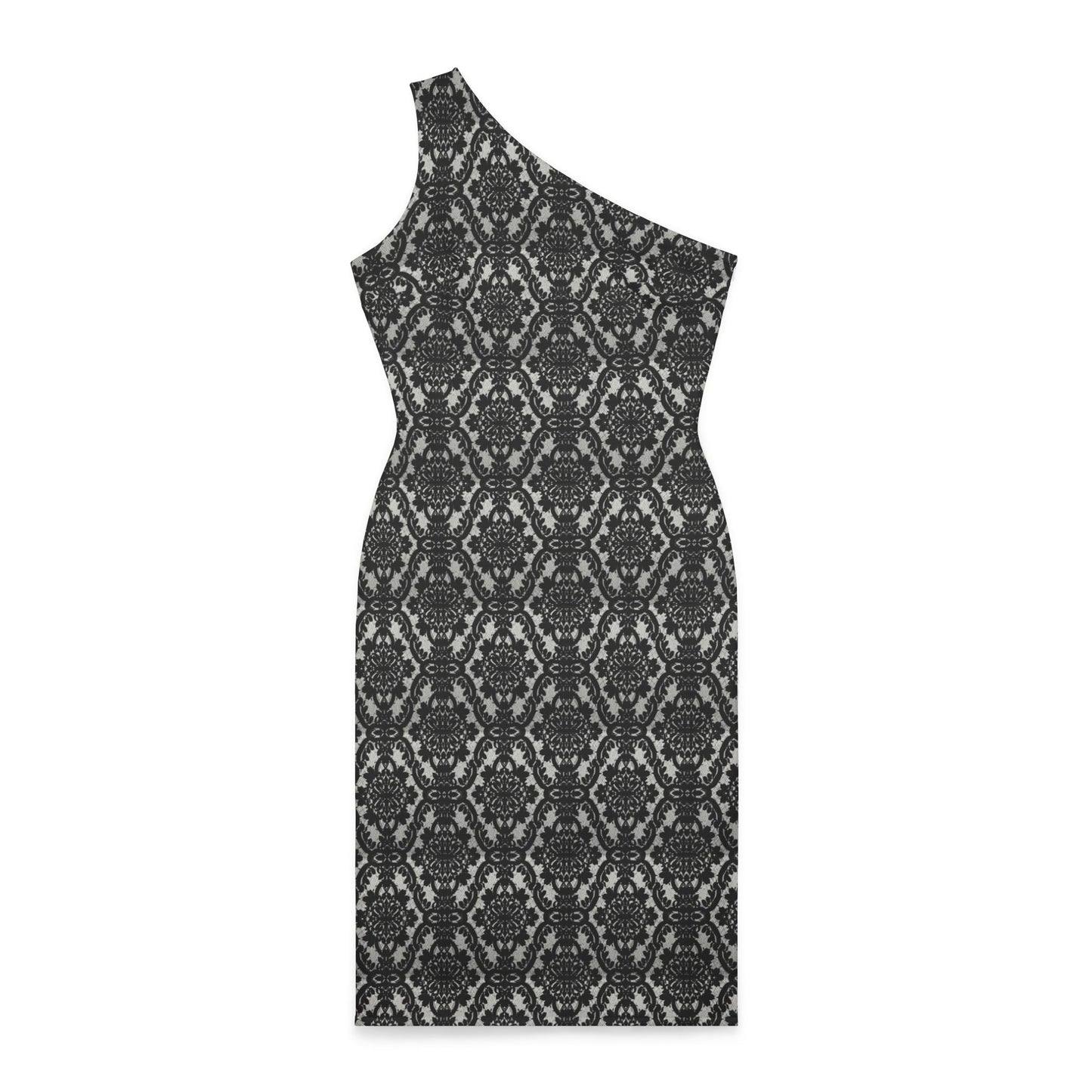 Gray and Black Lace Pattern Shoulder Dress (AOP)